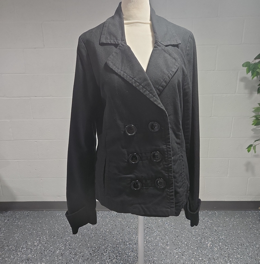 Y2K Roxy Double Breasted Cotton Black Peacoat Jacket Blazer Preppy Indie Small